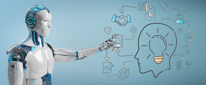 Humanoid blanco que crea el interfaz de la inteligencia artificial Humanoid blanco que crea el interfaz de la inteligencia artificial