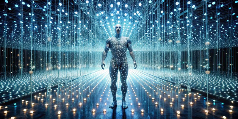 A humanoid figure stands in an immersive digital environment of sparkling lights and illuminated pathways. Generative AI vector illustration