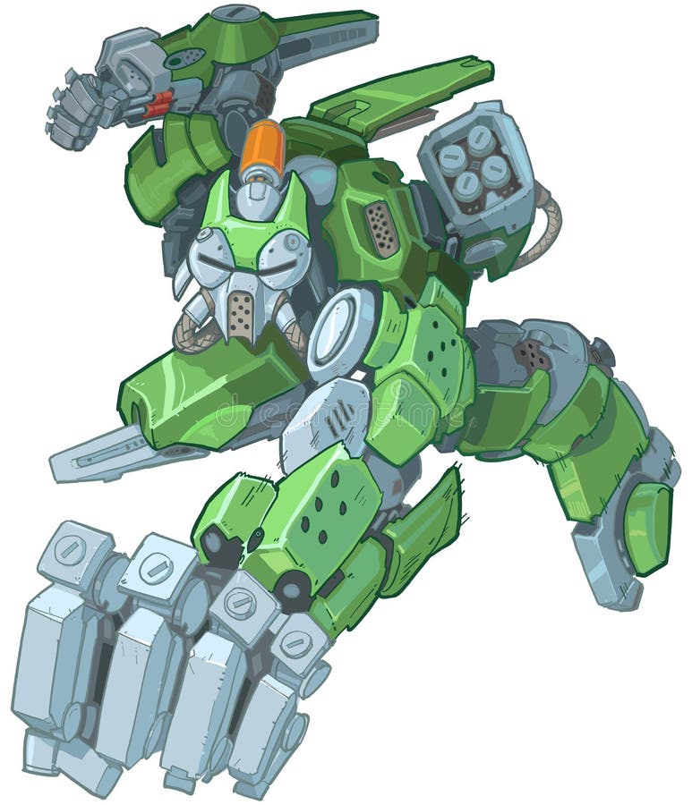 Humanoid kreskówki żołnierza Zielony robot Uderza pięścią ilustrację