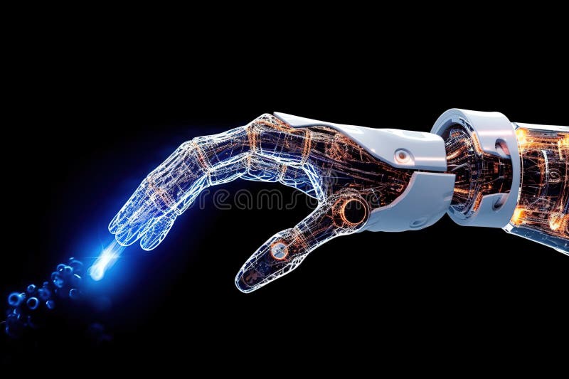 Humanoid robot arms generating power. Robotic hand with data lines and power surges. Cyberspace concept. Generative AI. royalty free illustration