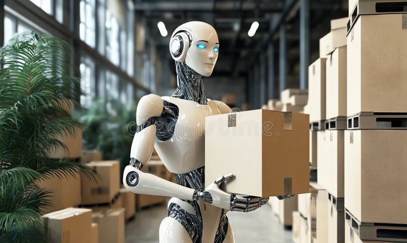 Humanoid robot carrying boxes, vector illustration.