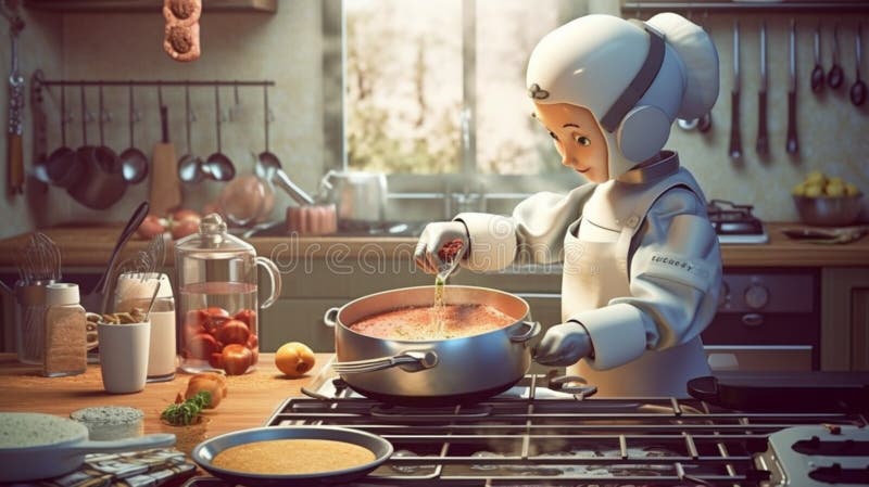 Robot Chef cooking soup 3d realistic animated scene Vray | 3D model