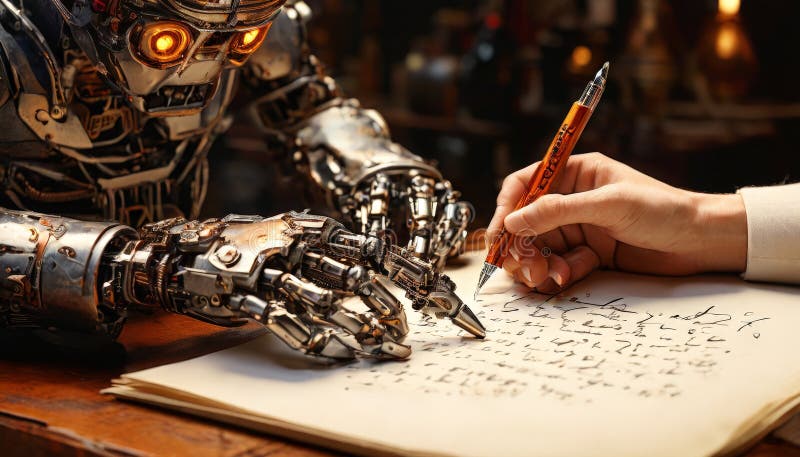 A detailed view of a humanoid robot working together with a human, both holding pens as they write on a document. The scene portrays the collaborative potential between humans and robots in a shared workspace, blending the lines between organic and artificial intelligence. Robots working futuristic office stock images, royalty-free photos and pictures