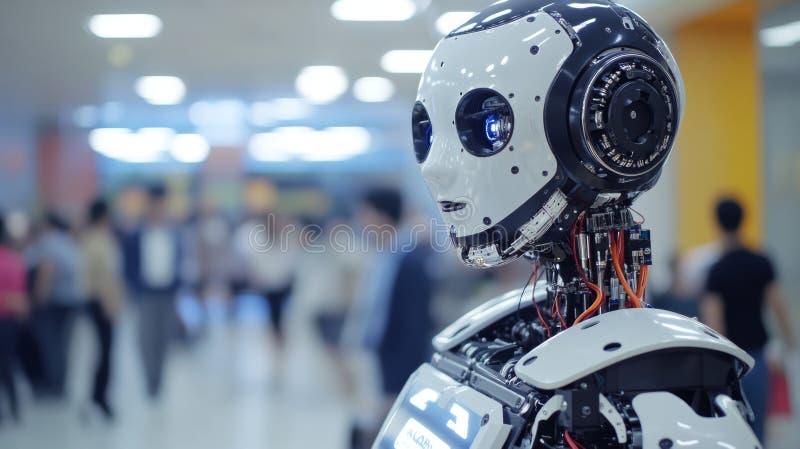 A humanoid robot is on display in a busy urban setting, surrounded by people. Its design features intricate details royalty free stock images