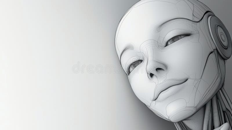A humanoid robot head features smooth, metallic surfaces with intricate circuitry patterns vector illustration