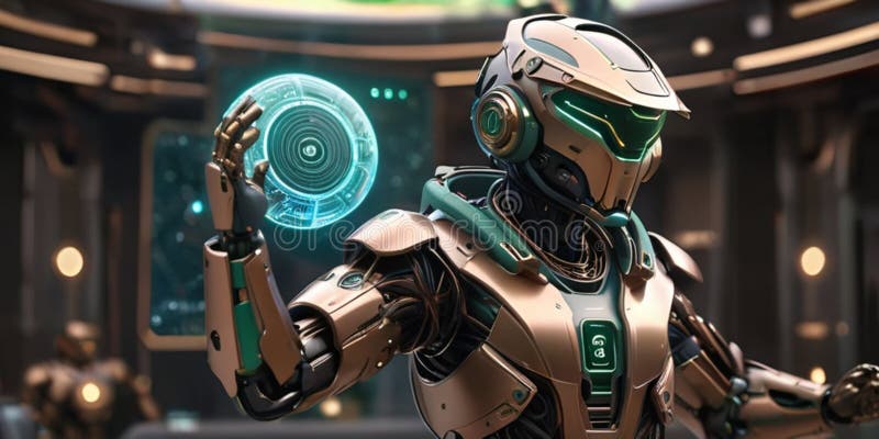 The humanoid robot is holding an energy ball in its hand. generate AI stock illustration