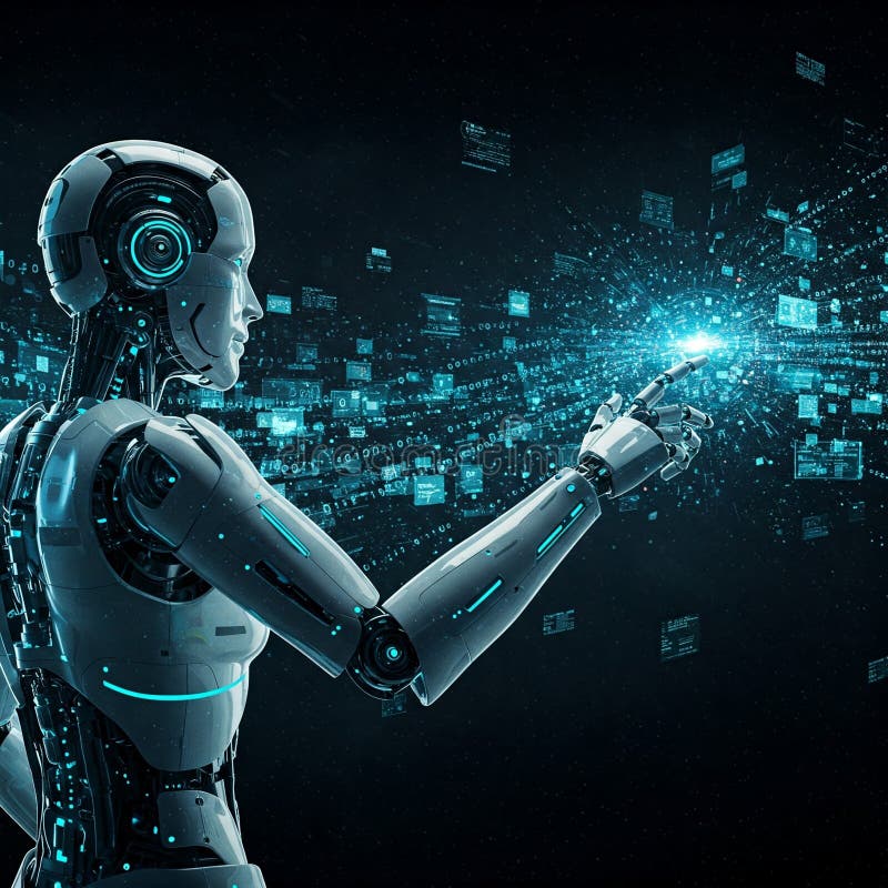 A humanoid robot interacts with a burst of digital data. vector illustration