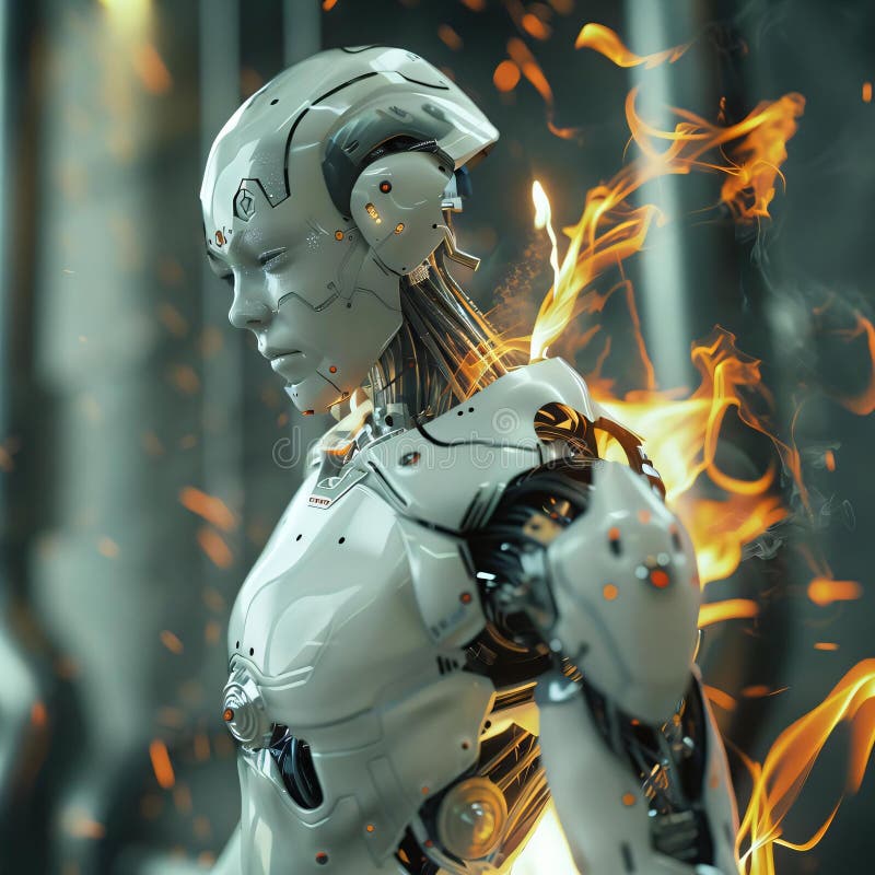 Humanoid robot intrikar mekaniska detaljer som tänder orange lågor och dess baksida exuderar tänkvärt uttryck dess slutna uttryck royaltyfria bilder