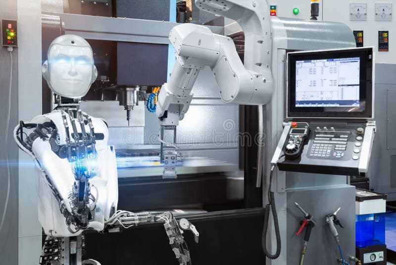 Humanoid robot kontroli automatyczny mechaniczny przemysłowy z CNC maszyną w mądrze fabryce Przyszłościowy technologii pojęcie royalty ilustracja