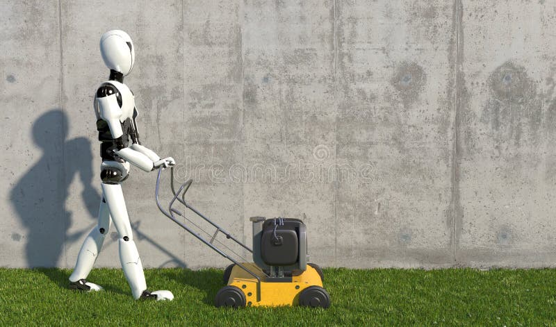 A humanoid robot mows grass with a lawn mower. Future concept with robotics and artificial intelligence. 3D rendering vector illustration