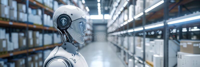 Humanoid robot operating in a warehouse with shelves of boxes. Concept of AI in logistics and supply chain royalty free stock images