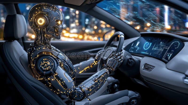 Humanoid robot programmerar på datorn på modernt kontor royaltyfria bilder