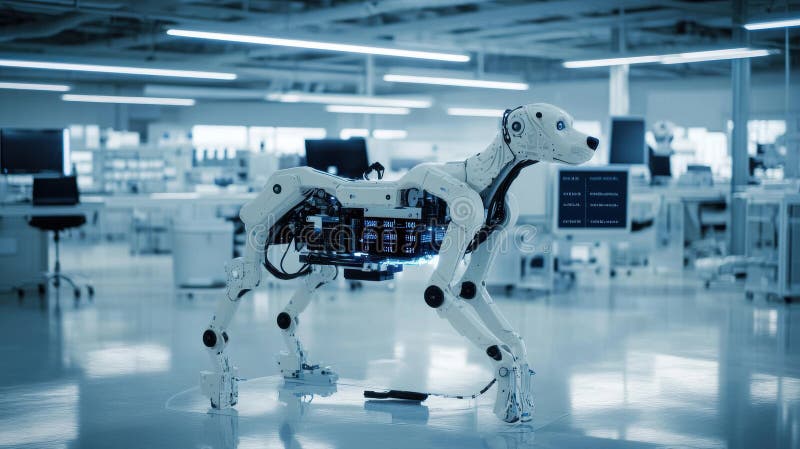 Humanoid robot programmerar på datorn på modernt kontor fotografering för bildbyråer