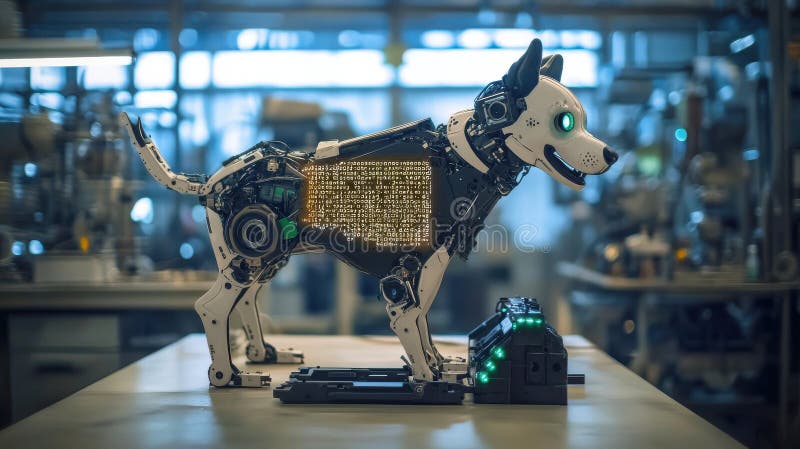 Humanoid robot programmerar på datorn på modernt kontor royaltyfria foton