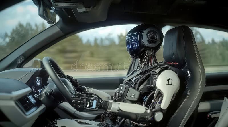 Humanoid robot programmerar på datorn på modernt kontor arkivbilder