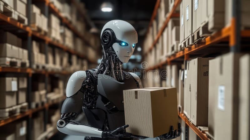 Humanoid robot programmerar på datorn på modernt kontor arkivbild