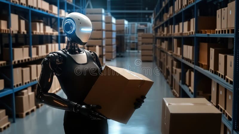 Humanoid robot programmerar på datorn på modernt kontor arkivfoto