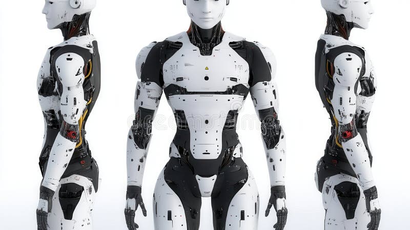 Humanoid robot programmerar på datorn på modernt kontor arkivbilder
