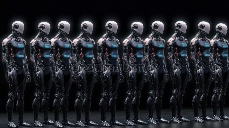 Humanoid robot programmerar på datorn på modernt kontor royaltyfria foton