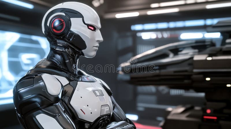 Humanoid robot programmerar på datorn på modernt kontor stock illustrationer