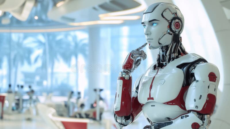 Humanoid robot programmerar på datorn på modernt kontor royaltyfri illustrationer