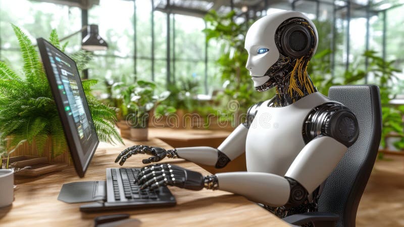 Humanoid robot programmerar på datorn på modernt kontor arkivbild