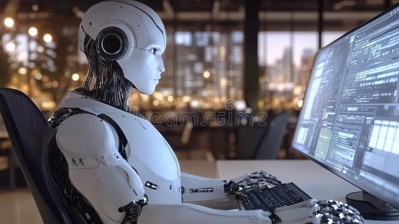 Humanoid robot programmerar på datorn på modernt kontor royaltyfri illustrationer