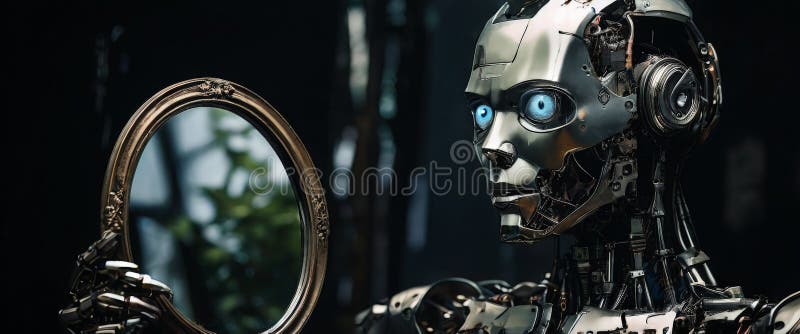 Humanoid robot reflecting on itself in an ornate mirror royalty free stock photos