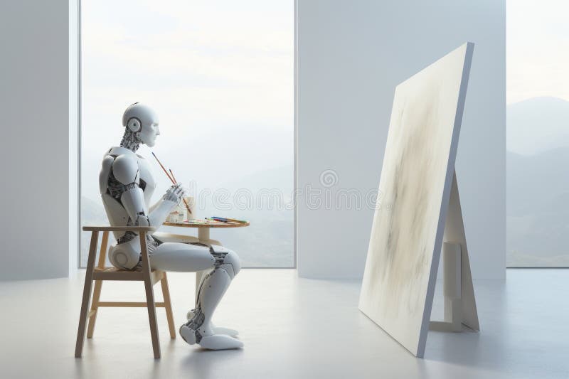 Humanoid robot seating in white art studio and creating a artwork. Concept of computer-generated art stock illustration