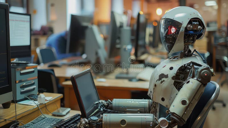 Humanoid robot sitting on a desk, computer Generated with AI vector illustration