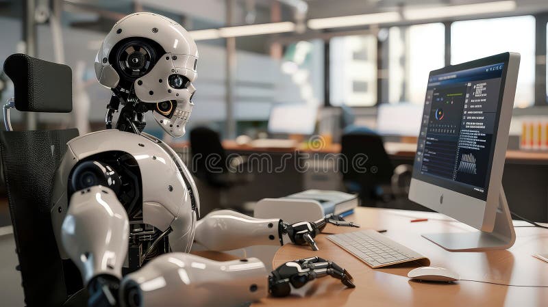 Humanoid robot sitting on a desk, computer Generated with AI royalty free illustration