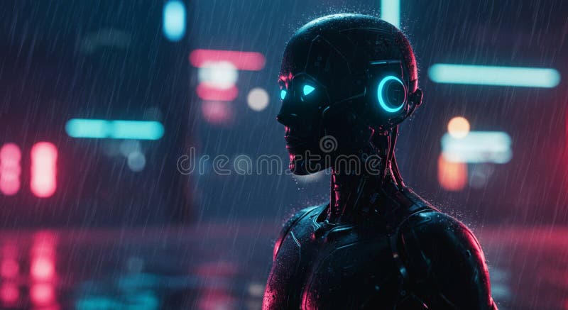 A humanoid robot stands in a rain-soaked urban setting, illuminated by neon royalty free illustration