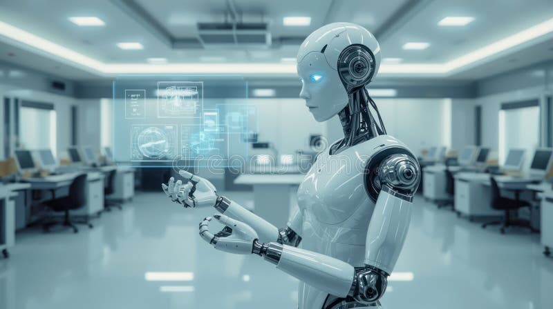 Futuristic humanoid robot interacts with holographic data in a modern laboratory setting royalty free stock photos