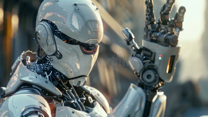A humanoid robot waves in a futuristic urban setting during a sunny day stock images