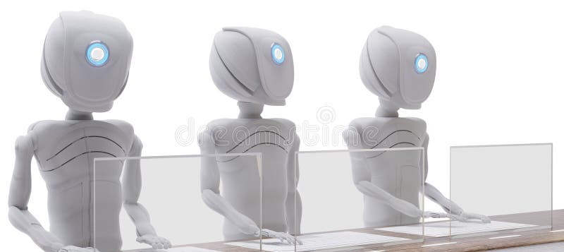 Humanoid Roboter auf Computer mit Tastatur auf Schreibtisch 3D-Abbildung vektor abbildung