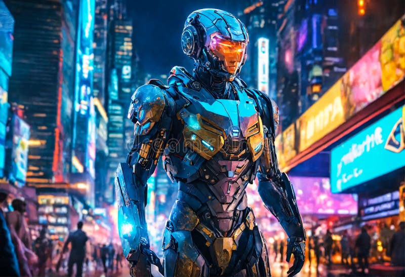 Humanoid robotic human with artificial intelligence on big city background royalty free illustration
