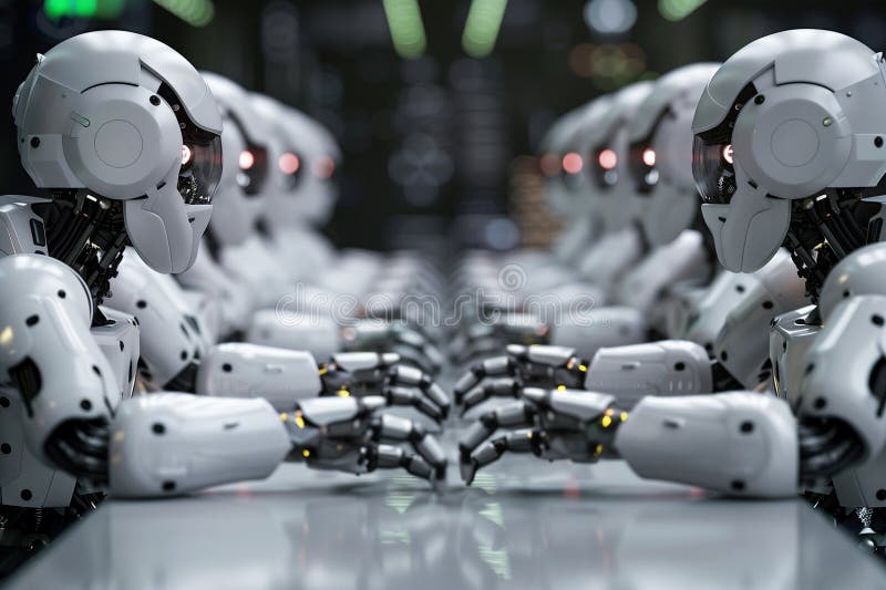 Humanoid robots in futuristic factory assembly line. Artificial intelligence for industrial revolution royalty free illustration