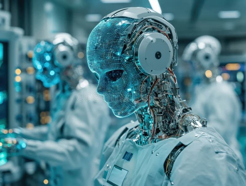 Humanoid robots with intricate circuitry and glowing features operate in a high-tech futuristic laboratory. stock illustration