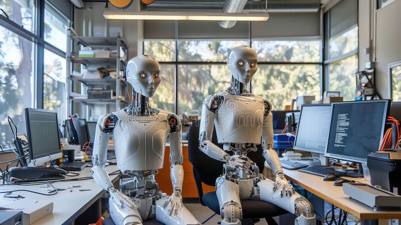 Two robot in modern office with computers and equipment generated with AI vector illustration