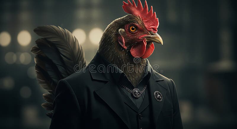 A humanoid rooster character dressed in a black suit presents an unusual blend of stock illustration