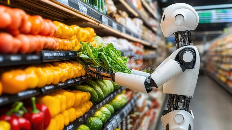 Humanoida robotplockgrönsaker i stormarknader som omfattar automatisering i livsmedelsaffärer arkivfoton