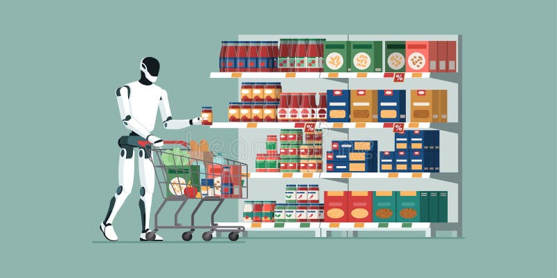 Humanoidalne roboty kupują zakupy w supermarkecie ilustracja wektor