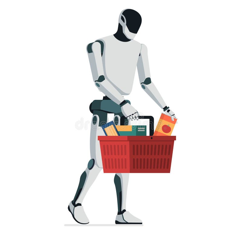 Humanoidalne roboty kupują zakupy w supermarkecie ilustracja wektor