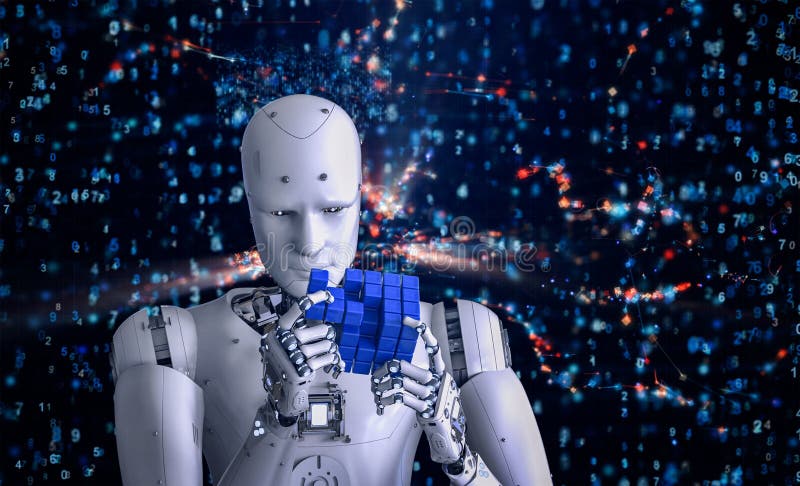 Humanoidalny robot gra w puzzle sześcienne ilustracja wektor