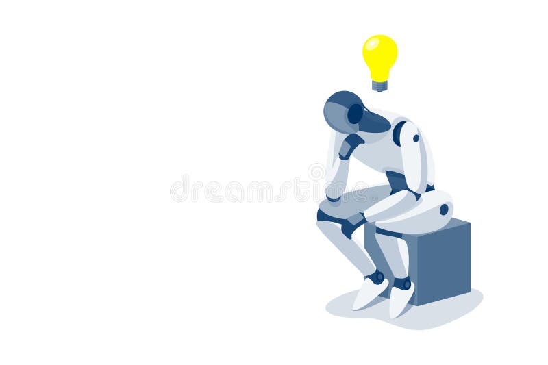 Humanoidalny robot myśliciel z ideą izolującą się na białym tle royalty ilustracja