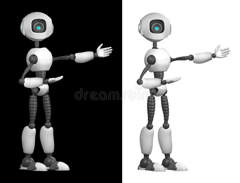 Humanoidalny robot wskazuje rękoma. izolowane na czarno-białym tle. przyszła koncepcja z robotyką i sztuką ilustracji