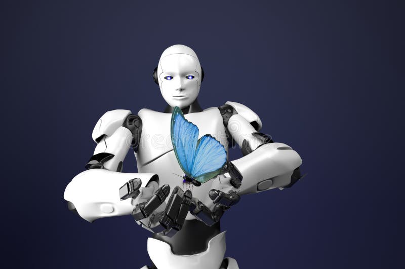 The humanoid robot with butterfly,3d render. The humanoid robot with butterfly,3d render