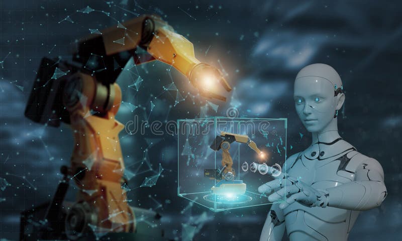Humanoide Roboter überprüfen und steuern automatische Arme Maschine mit Augmented Reality in Echtzeit durch intelligente Überwachu lizenzfreies stockfoto