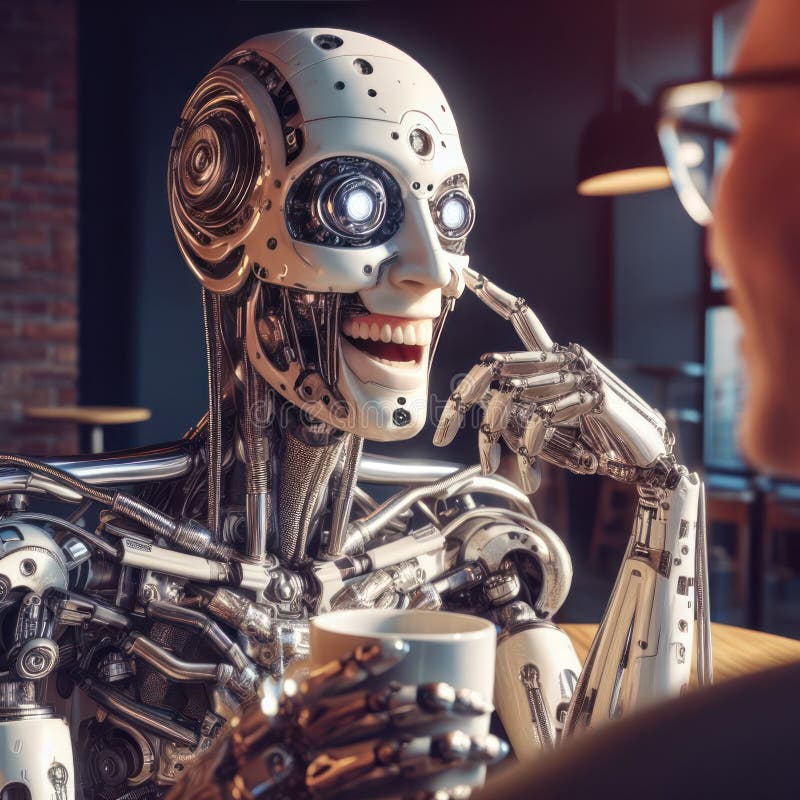 Humanoider androider Roboter sitzend in einem Café Kaffee trinken und reden stock abbildung
