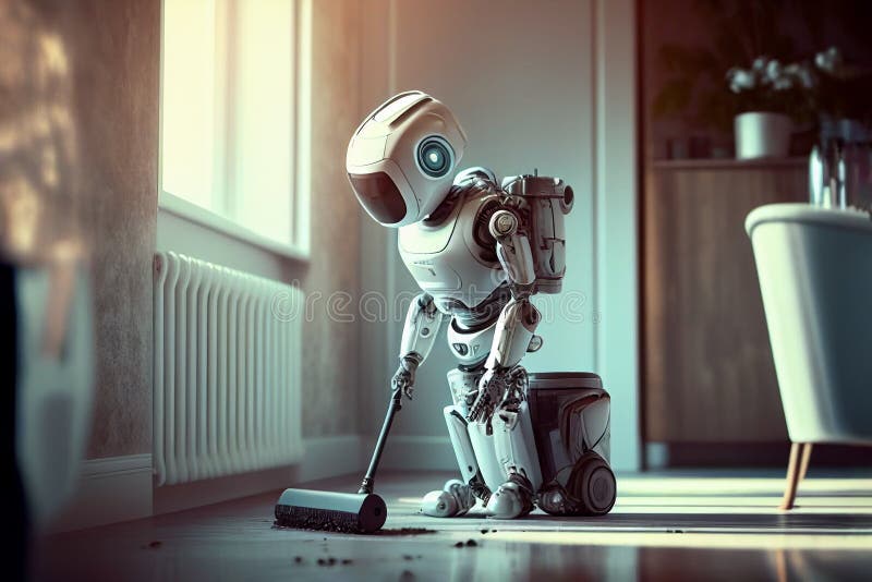 Humanoider Roboter mit Staubsauger für Hausarbeit lizenzfreies stockbild